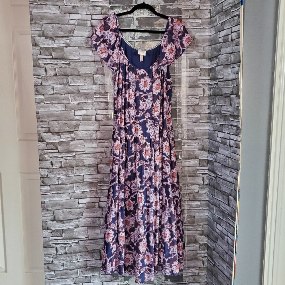 Knox Rose Blue Floral Tiered Maxi Dress Pullover Scoop Neck Short Sleeves Large